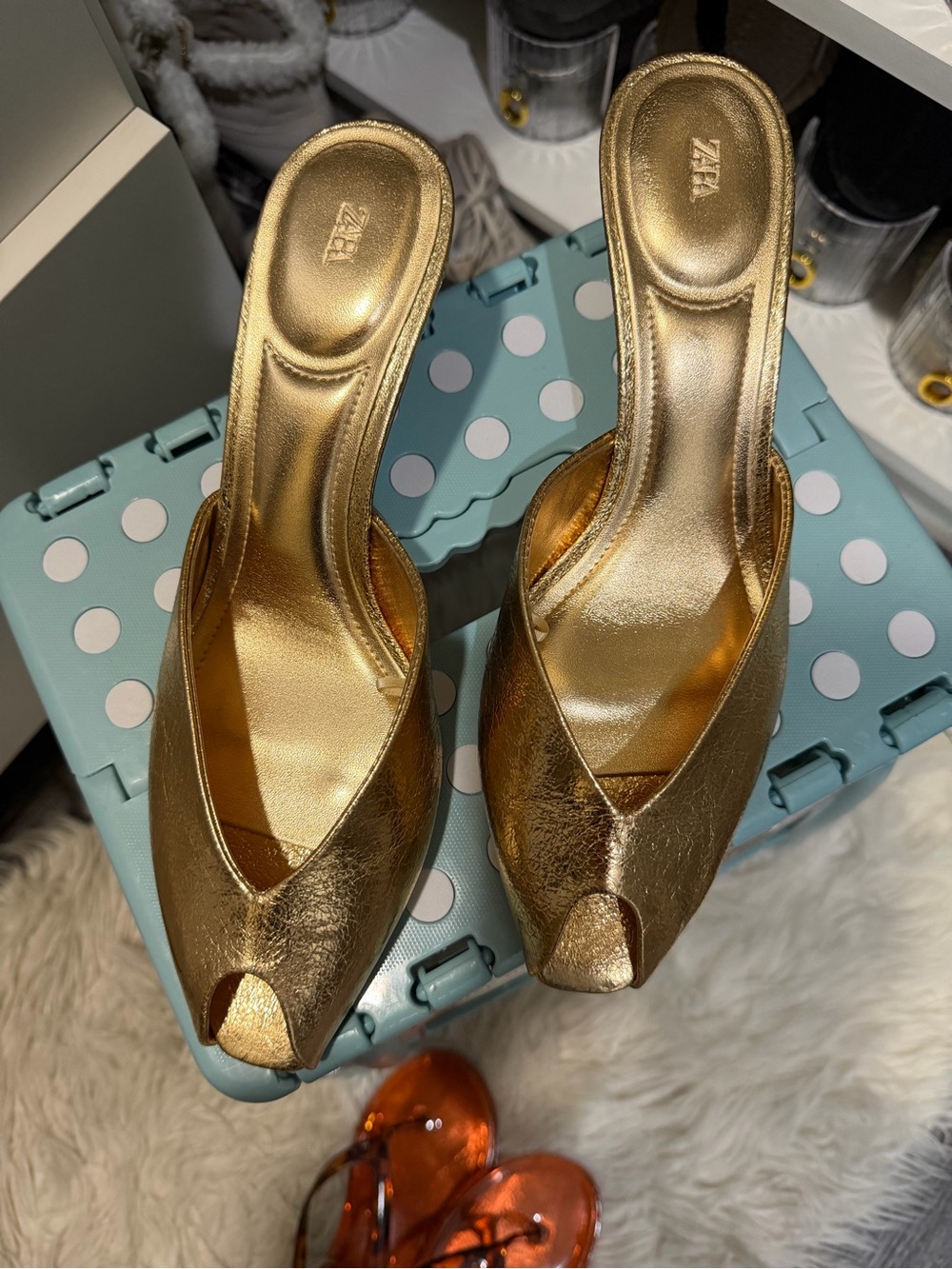 Zara Metallic Gold Peep-Toe Mules